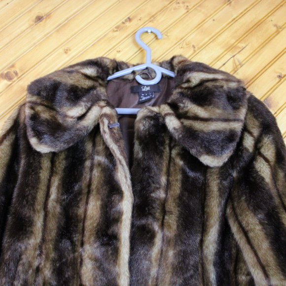 Luii Faux Fur Jacket Large Brown Vegan Animal Friendly 3/4 Sleeve Formal D36 - Picture 5 of 12
